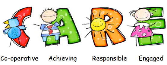 Our Care Motto- Co-operative, Achieving, Responsible and Engaged in fun character letters.